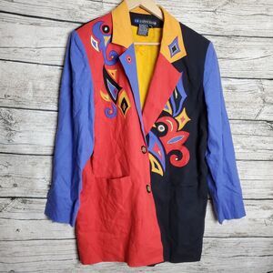 90s I. B. Diffusion Color Block Appliqued Oversized 2 Button Blazer Womens 10